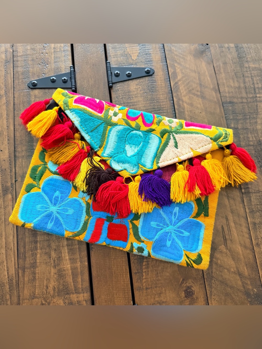 Embroidered Floral Mexican Tassel Clutch - Multicolor